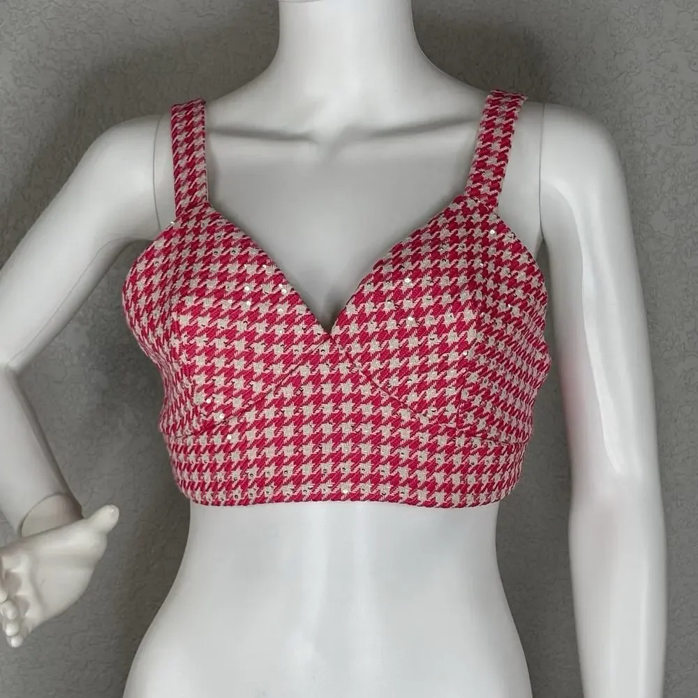 Rivir Houndstooth Bustier Crop Top Bralette Tweed Pink White Size S